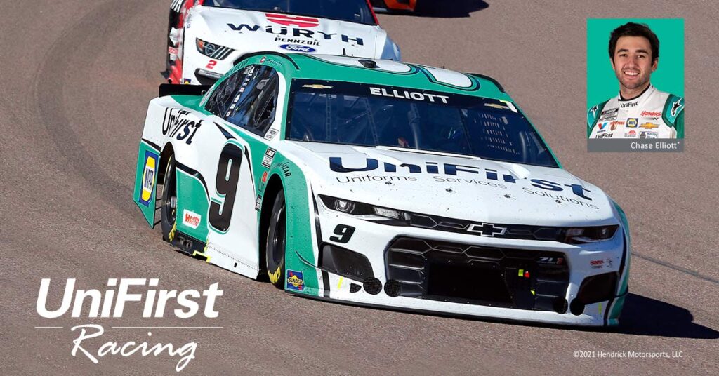 The No. 9 UniFirst Chevrolet Camaro ZL1 1LE being driven by NASCAR's defending Cup Series champion Chase Elliott
