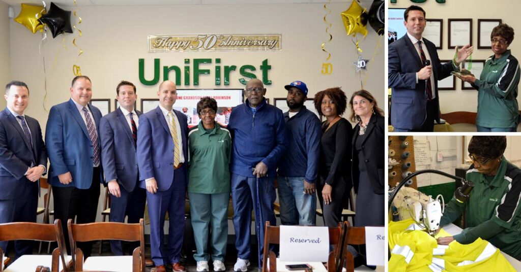 UniFirst executives honored Team Partner Mittie Barber for her 50-Year work anniversary with a surprise celebration. From left: UniFirst regional vice president Benji Clause, senior vice president Michael Croatti, general manager Clinton Bell, president and CEO Steven Sintros, Mittie Barber, husband Johnny Barber, son Derek Barber, daughter Felicia Barber, and executive vice president Cynthia Croatti.