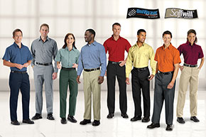 Employees wearing a variety of UniFirst color branded uniforms