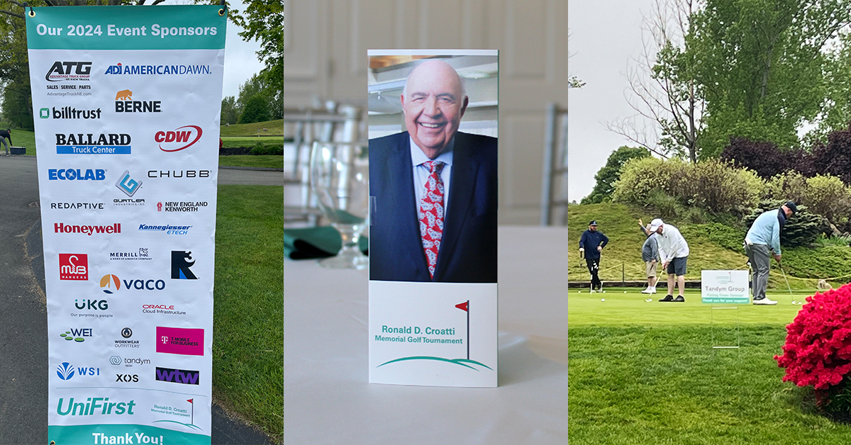 Ronald D. Croatti Memorial Golf Tournament sponsor list. Image of the late Ronald Croatti and an image of golfers at the tournament