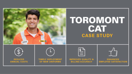 Toromont CAT employee wearing high visibility uniform with case study statistics