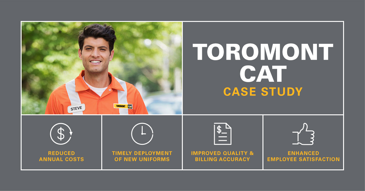 Toromont CAT employee wearing high visibility uniform with case study statistics