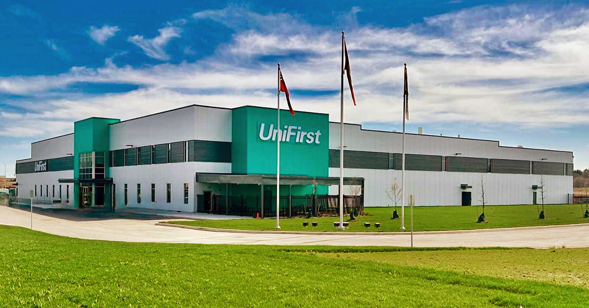 Exterior shot of UniFirst's new state-of-the-art uniform service and processing facility in London, Ontario.