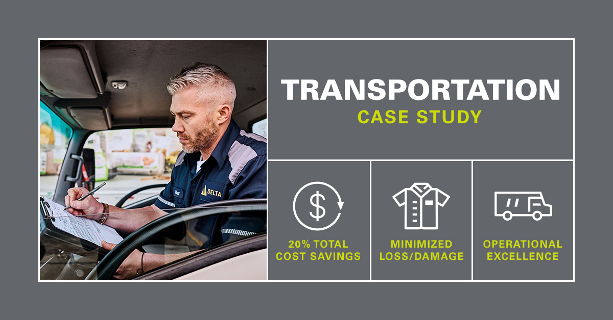 Transportation Case Study with image of a man wearing a UniFirst uniform sitting in the cab of a truck