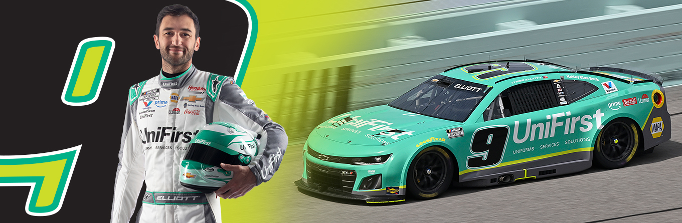 NASCAR driver, Chase Elliott with #9 Chevy car. Sponsored by UniFirst.