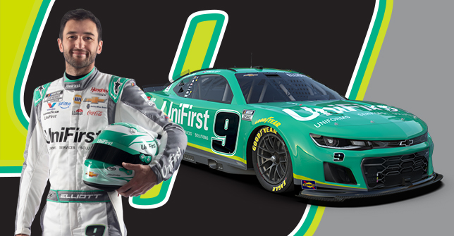 NASCAR driver, Chase Elliott with #9 Chevy car. Sponsored by UniFirst.