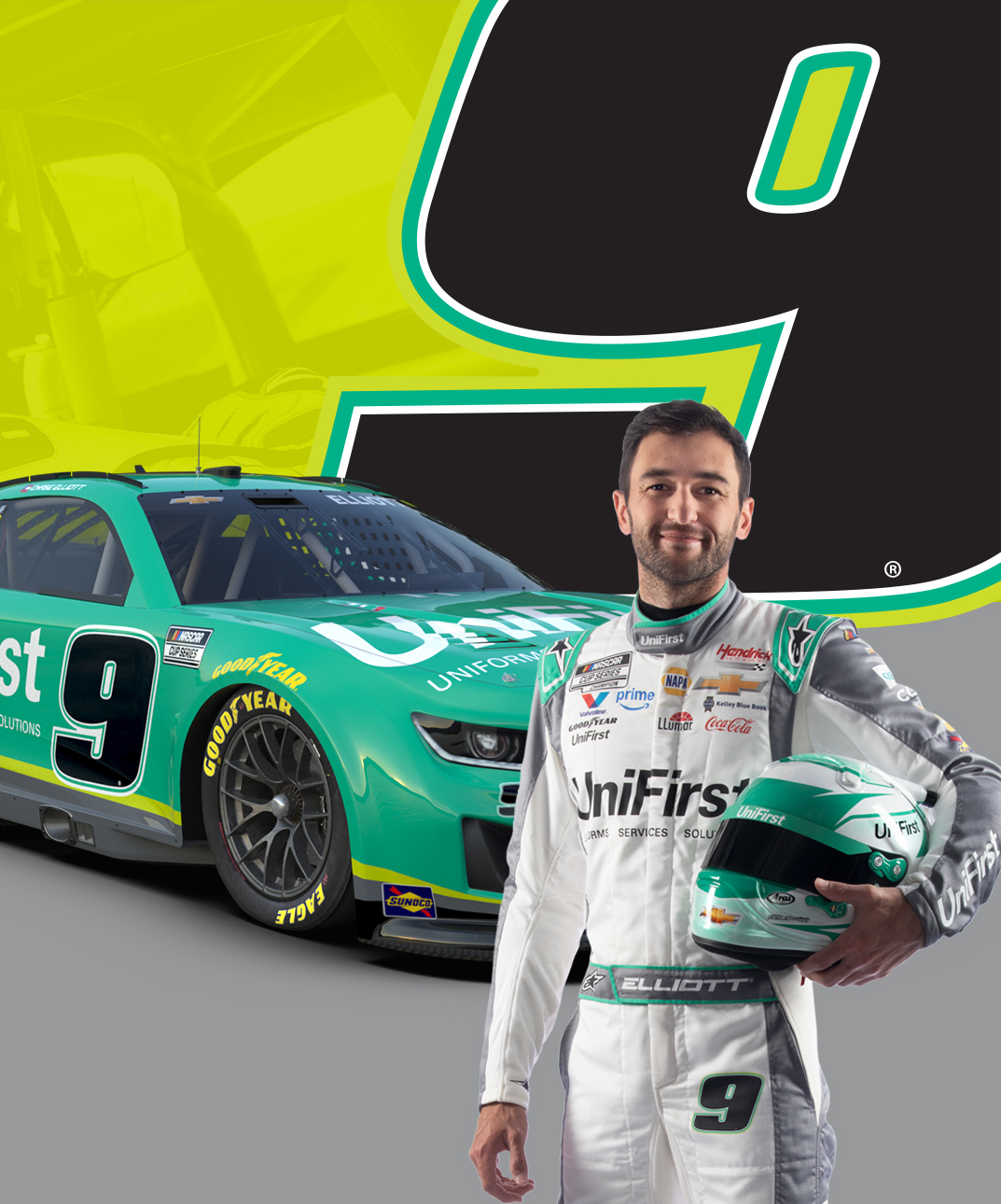 NASCAR driver, Chase Elliott with #9 Chevy car. Sponsored by UniFirst.
