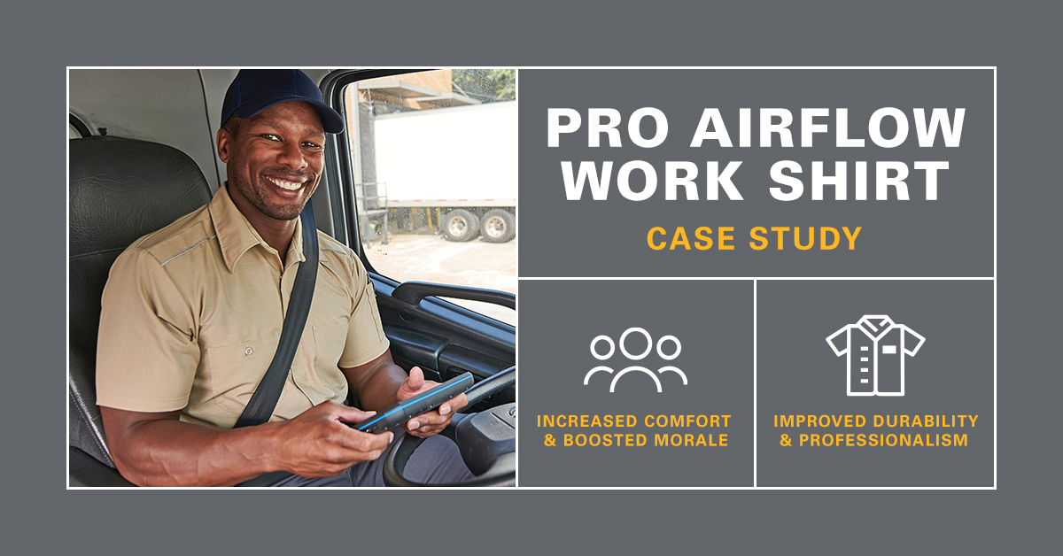 Pest Control Company employee sitting in his truck wearing the Pro Airflow Work Shirt from UniFirst as part of a uniform rental program.