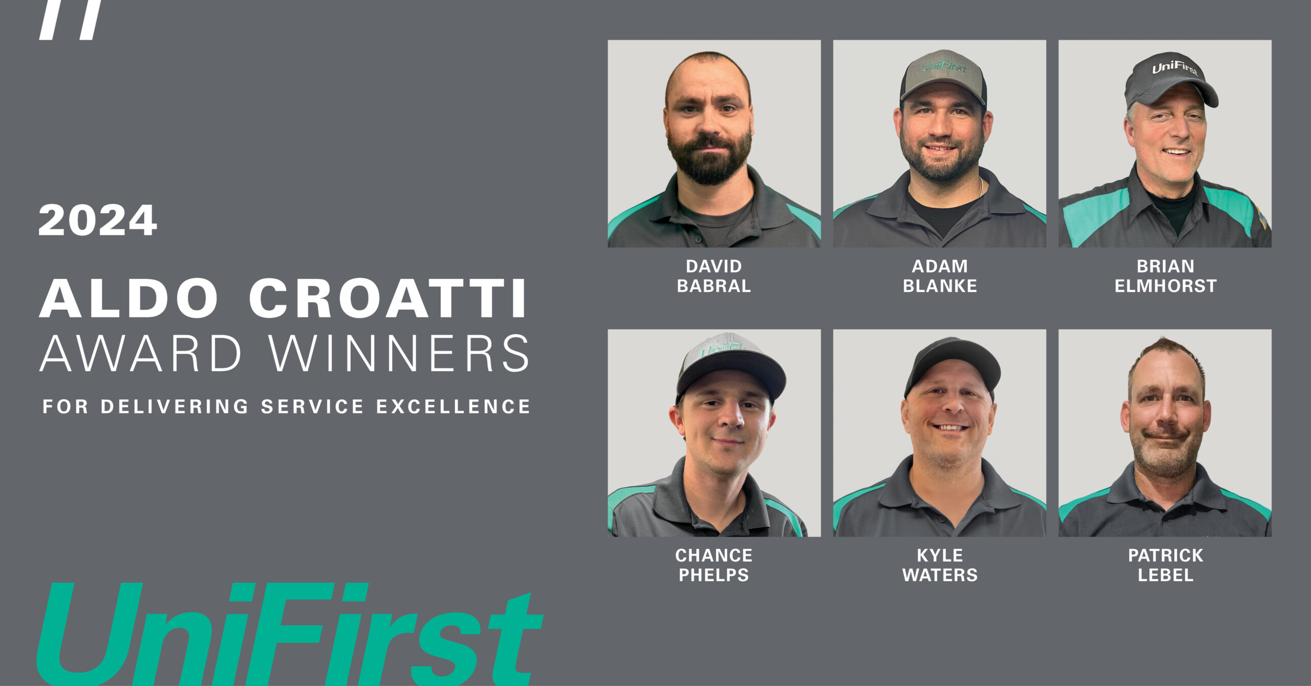 The six recipients of the 2024 UniFirst Aldo Croatti Award winners for customer service excellence.