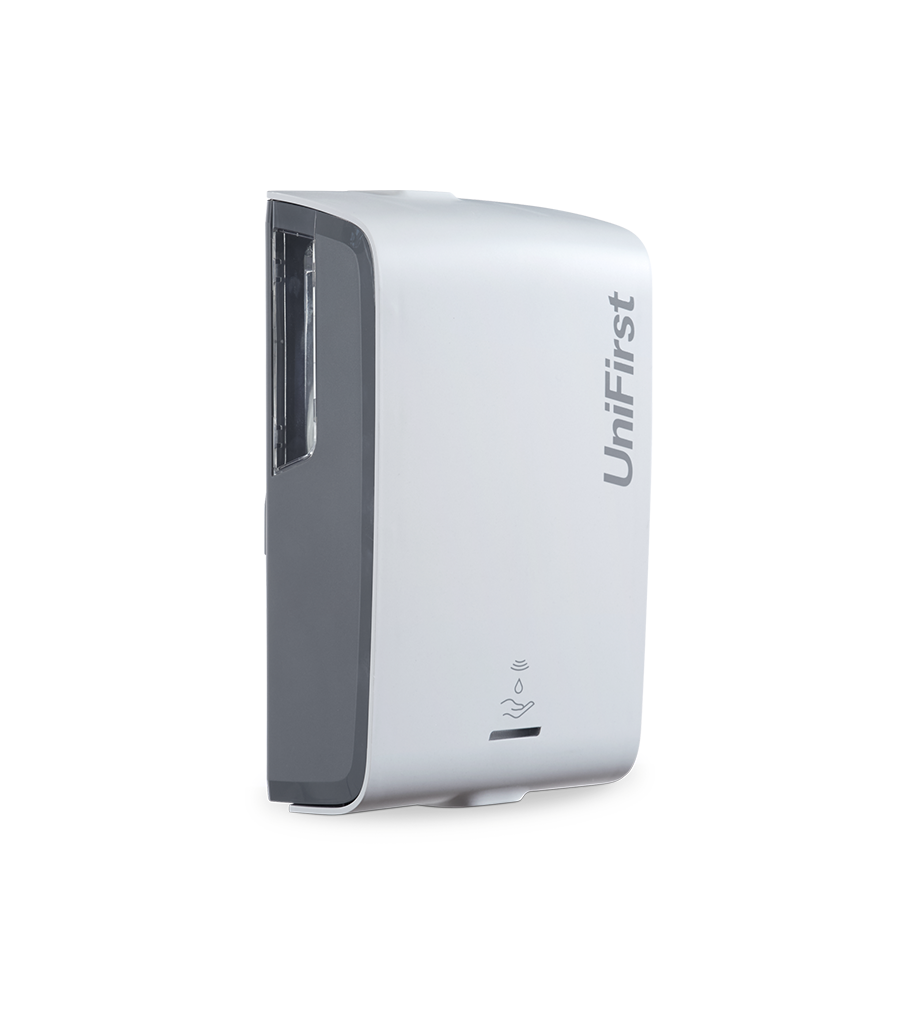 Essential Series automatic soap/sanitizer dispenser pictured in white with a sleek, modern design