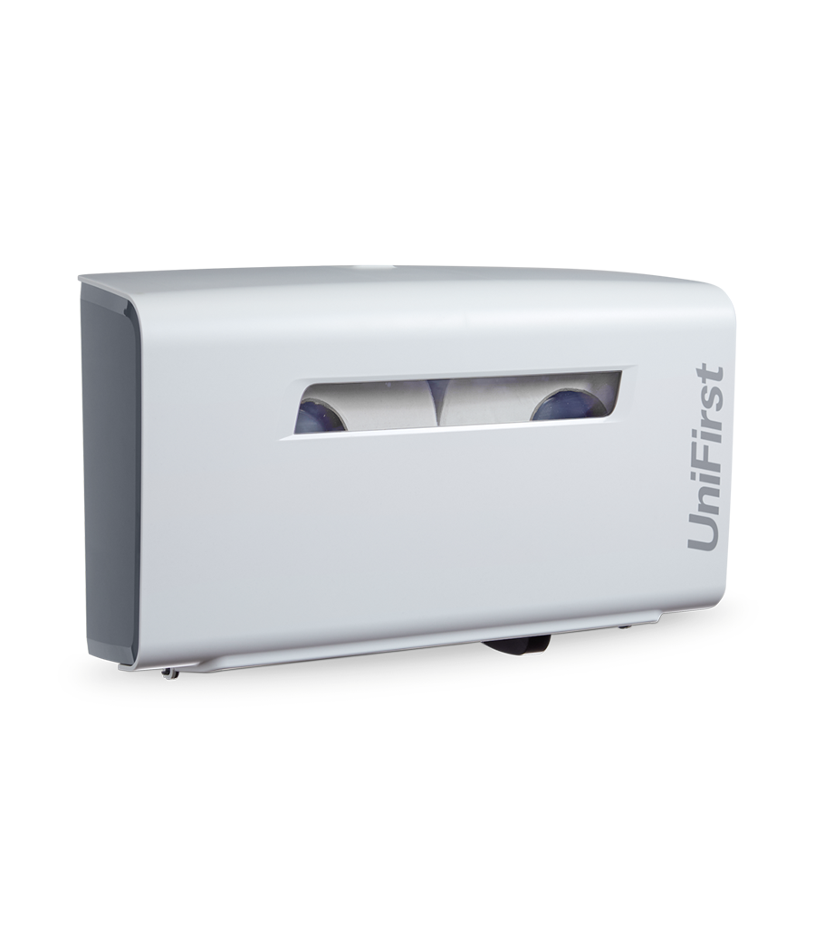 Essential Series toilet paper dispenser pictured in white with a sleek, modern design