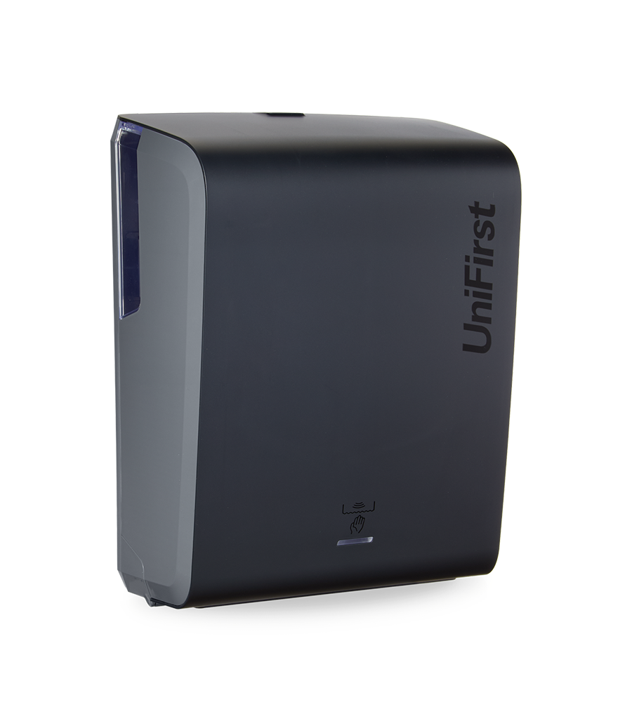 Essential Series automatic towel dispenser pictured in black with a sleek, modern design