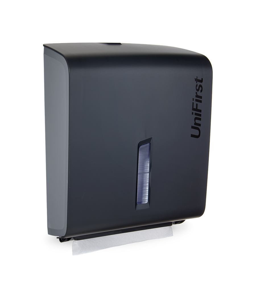 Essential Series multifold towel dispenser pictured in black with a sleek, modern design