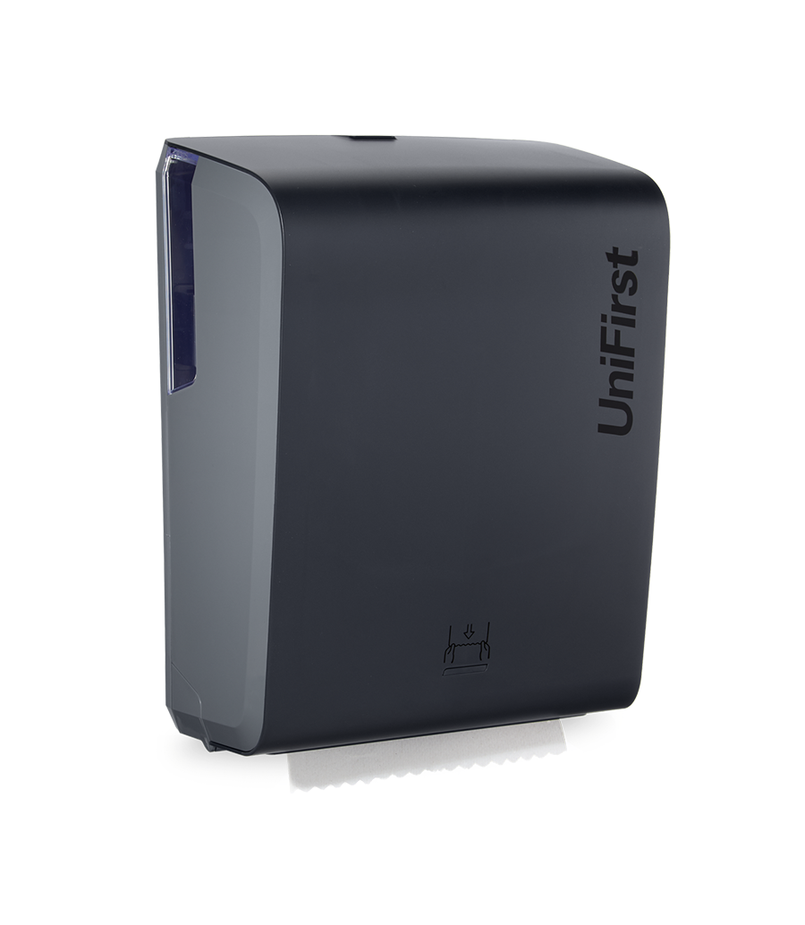 Essential Series manual towel dispenser pictured in black with a sleek, modern design