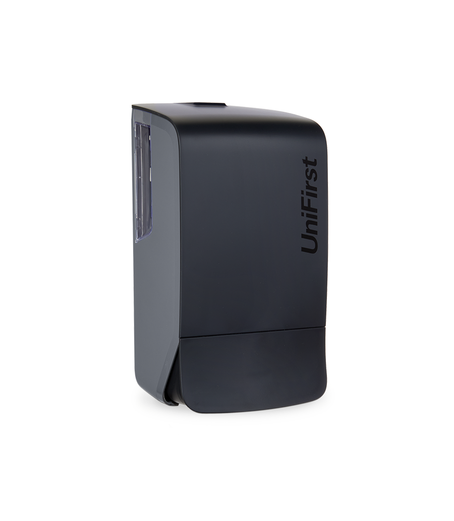 Essential Series manual soap/sanitizer dispenser pictured in black with a sleek, modern design