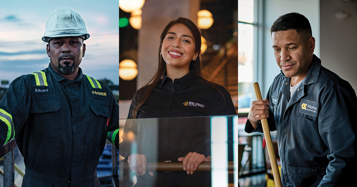 Three workers, one man in an oil and gas setting, a women in hospitality, and a man in a janitorial position all with UniFirst work uniform rental service