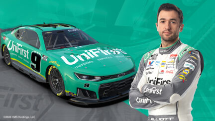 Chase Elliott with the No. 9 UniFirst Chevy. The pair will make their debut at Darlington Raceway on March 22.