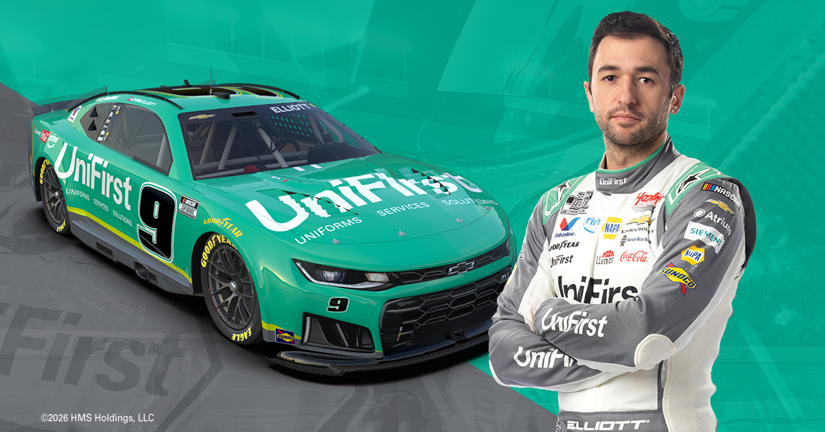 Chase Elliott with the No. 9 UniFirst Chevy. The pair will make their debut at Darlington Raceway on March 22.