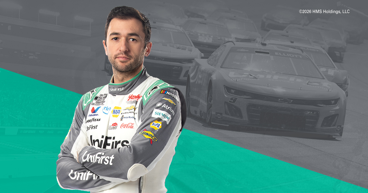 Chase Elliott and the No. 9 UniFirst Chevy racing on the track at Martinsville.
