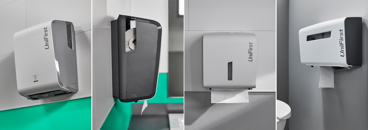 A collection of images featuring the Essential Series paper dispensers by UniFirst
