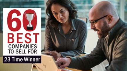 Pictured is Selling Power's 60 Best Companies to Sell For banner, showing UniFirst is a winner 23 consecutive years, alongside a woman and a man working in the office.