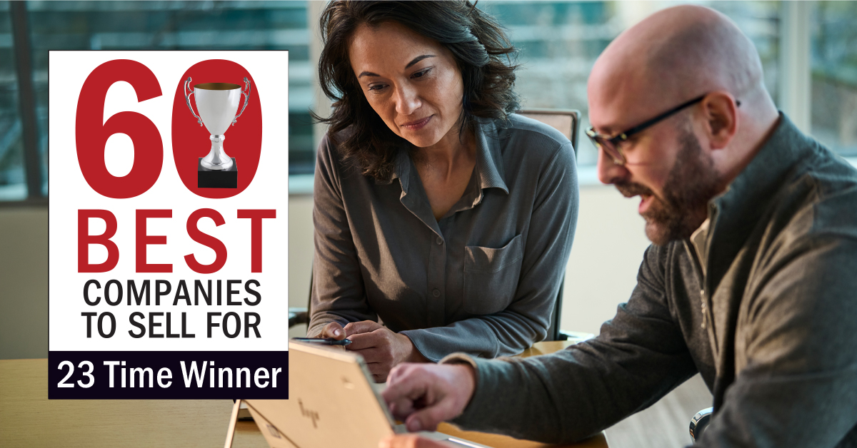 Pictured is Selling Power's 60 Best Companies to Sell For banner, showing UniFirst is a winner 23 consecutive years, alongside a woman and a man working in the office.