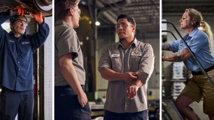 A collection of images showing men and women in the workplace wearing Always U work uniforms